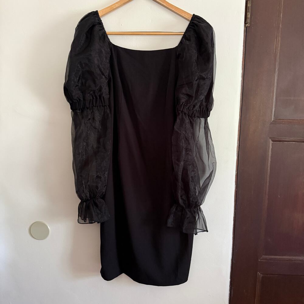 IVY CITY CO | Black Sheath Dress with Voluminous Sheer Puff Sleeves Large Modest